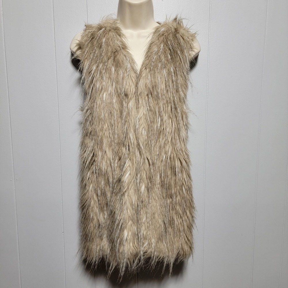 Sebby Collection Womens Faux Fur Shaggy Knit Back Vest Tan Beige Medium M4